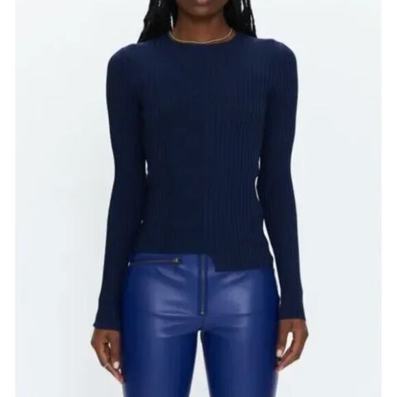 PISTOLA Navy Blue Betty Ribbed Asymmetric Hem Crewneck Sweater Medium - Picture 1 of 7